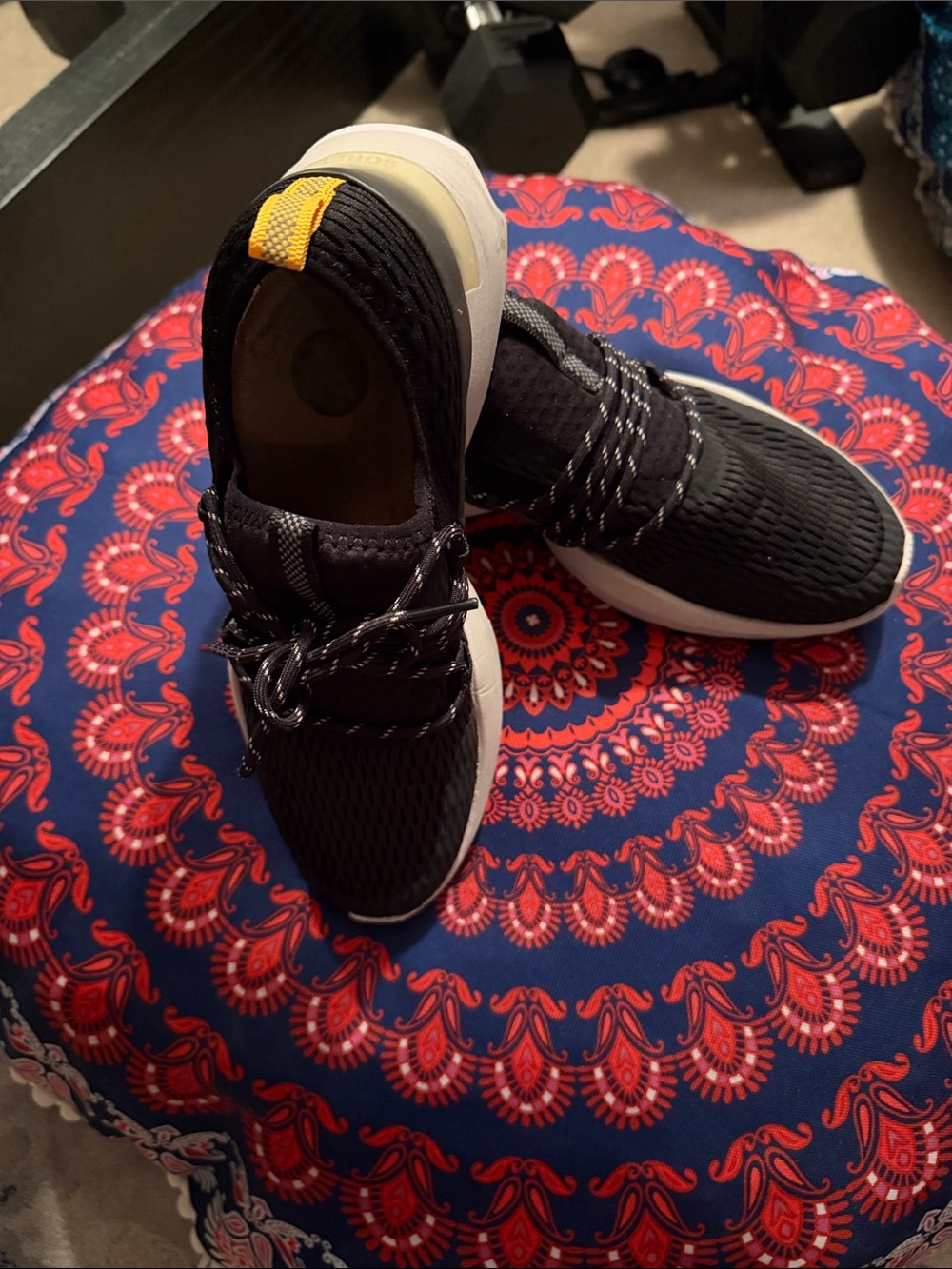 Sorel Womens Black Knit Sneakers with White Sole and Yellow Heel Tab
